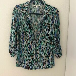 colorful, festive lightweight shirt, size medium, made by Emily Davis.
